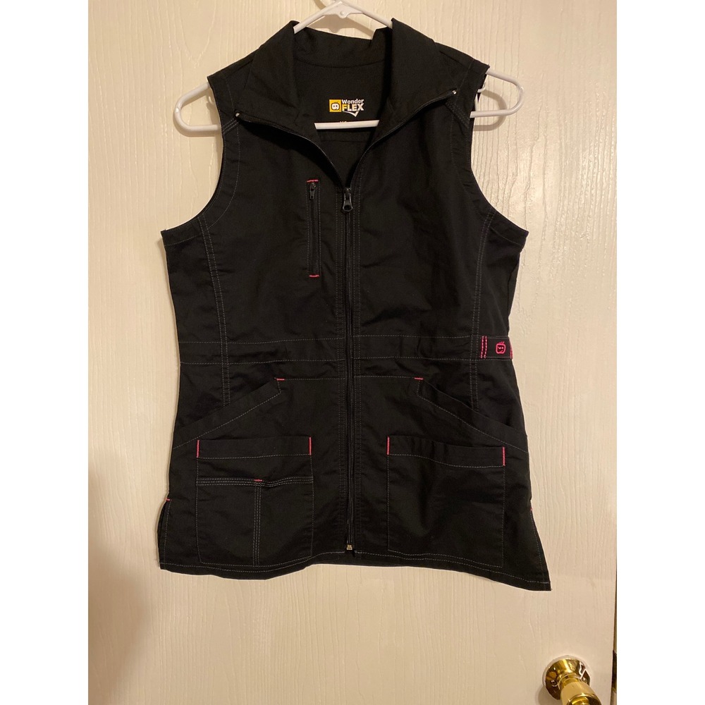 WonderWink WonderFlex Womens Scrub Vest Black Pink Contrast Zip Up XS 0667